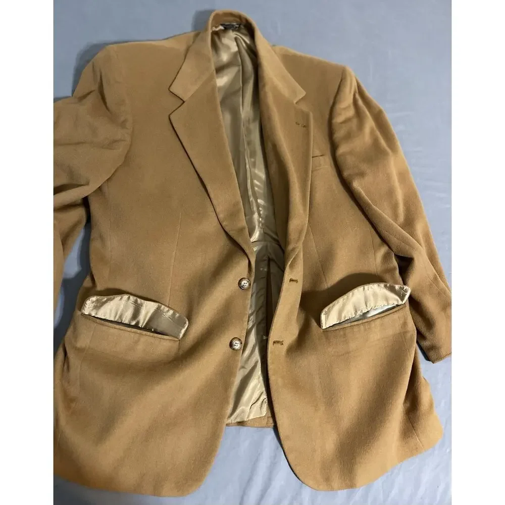 Vtg Bill Blass 100% Cashmere Blazer Sport Coat Jacket 42R Camel Tan Gold Mens